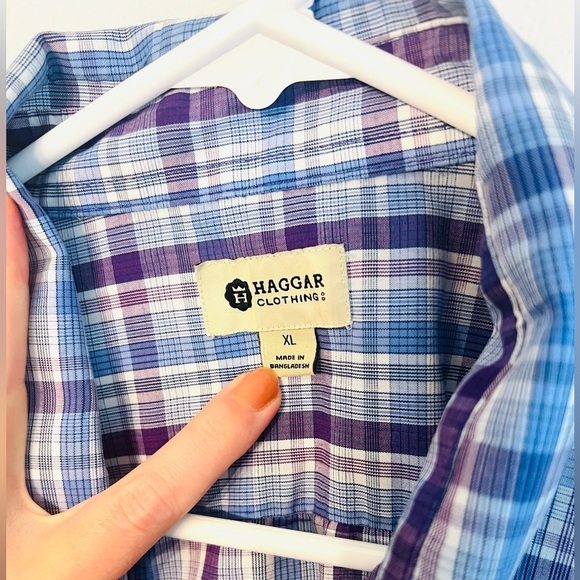 Haggar Button Down Short Sleeve Plaid Shirt in Eggplant, Azure, and Eggshell - Picture 2 of 5